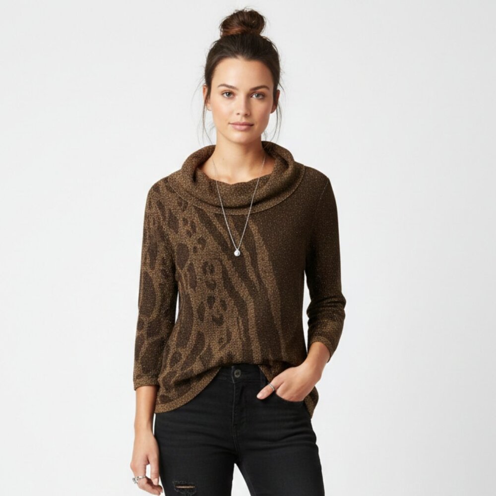 Jones New York Sweater Cowlneck Leopard Brown Metallic Grunge Indie L